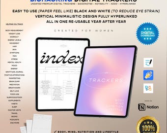 Female Biohacking Health & Wellness Tracker Templates: Minimalist Digital Trackers (PDF)