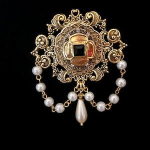 Tudor Ouch Brooch: Antique Gold Renaissance Pin with Faux Pearls