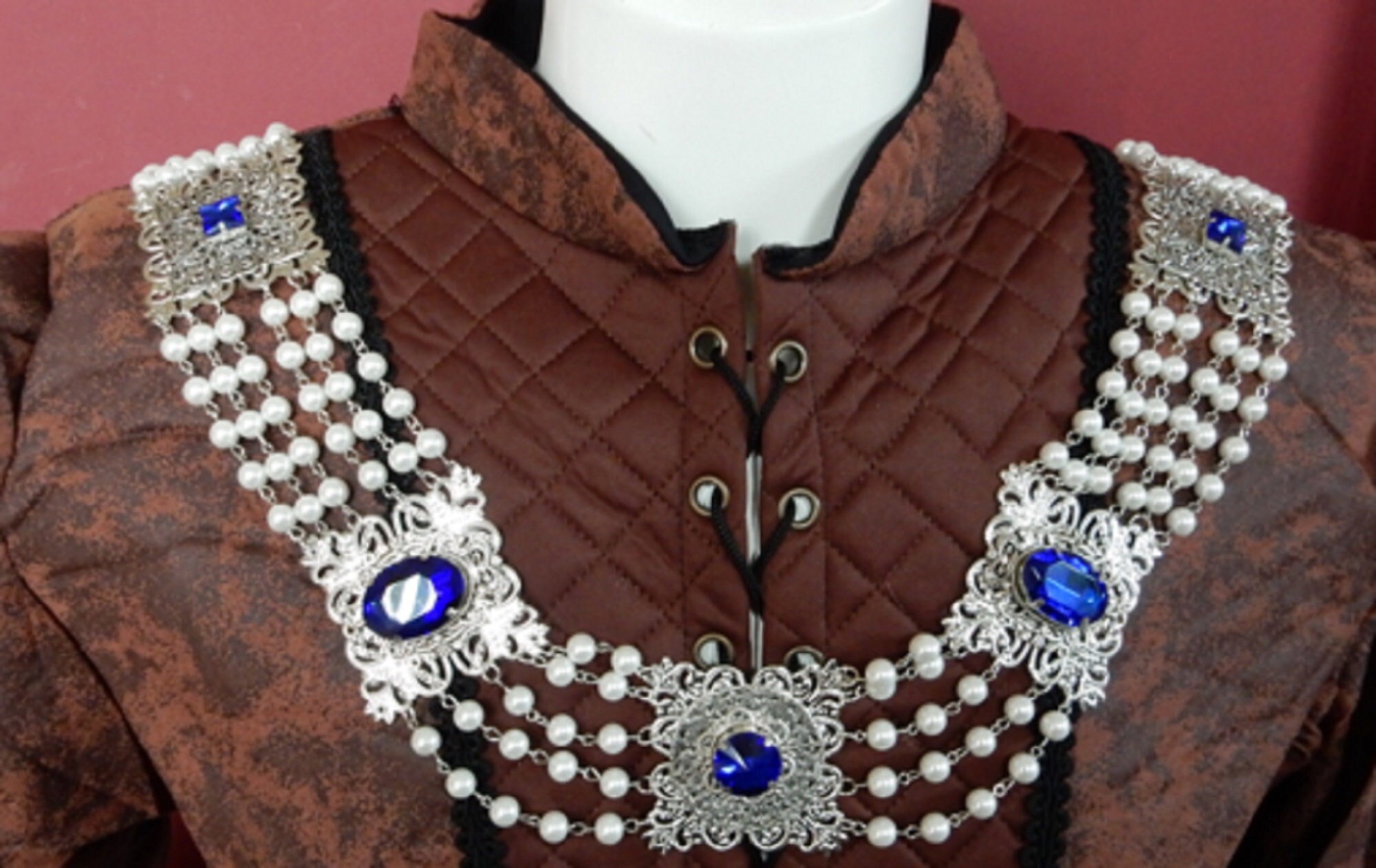 Image of Chain Of Office - Henry Viii Lord Silver Plated With Sapphire Blue Crystals Faux Pearl Link Chain Re-Enactment Jewellery Monarchy