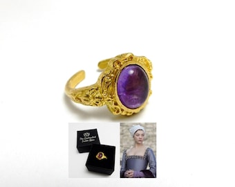 Anne Boleyn medieval ring - raw brass ring with amethyst stone - Tudor reproduction jewellery
