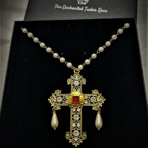 Tudor Cross Necklace: Filigree, Pearl & Crystal, Renaissance Style