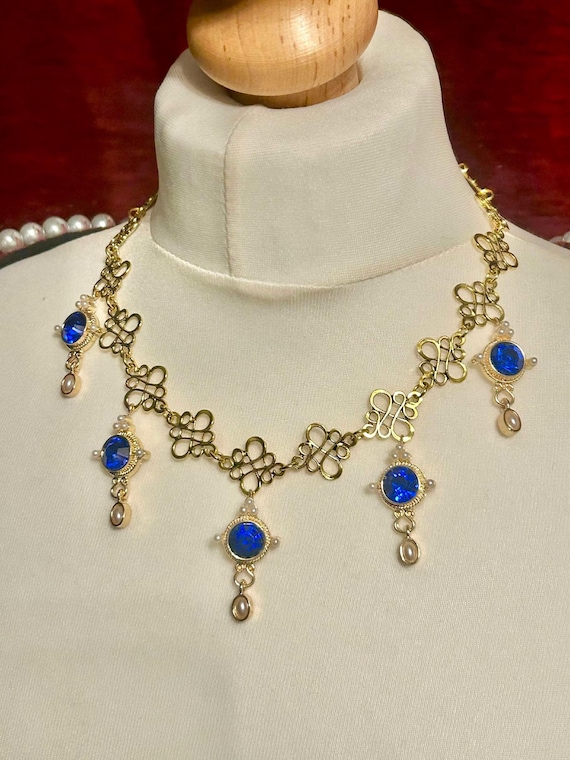 Medieval Sapphire Blue Crystal Necklace: Renaissance Faire Costume