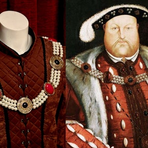 Chain Of Office - Henry VIII -  antique gold with ruby red and black agate gemstones - large faux pearls - Livery Collar - reenactment