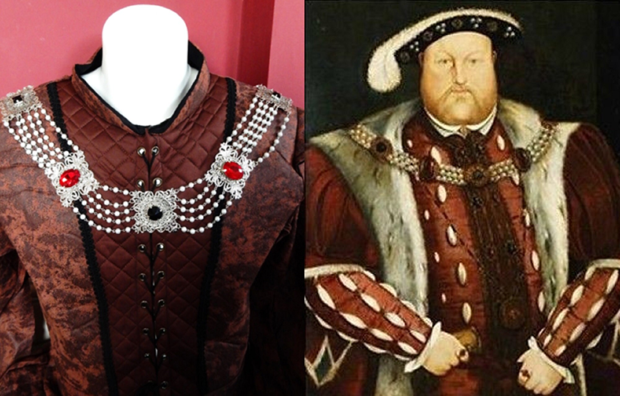 Image of Chain Of Office - Henry Viii Lord Silver With Ruby Red & Black Crystals Faux Pearl Link Chain Reenactment Jewellery Monarchy
