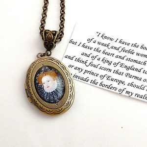 Elizabeth 1st locket necklace - Queen of England - historical portrait jewellery - Tilbury speech - with quote inside - miniature