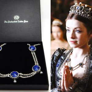 Diamante Royal Blue Crystal necklace - Royal Court cosplay - Queen Princess necklace - grey faux pearl - sapphire blue jewellery