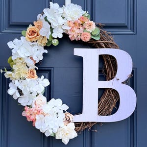 Personalized Floral Wreath: White, Peach & Pink Grapevine (18&quot;)