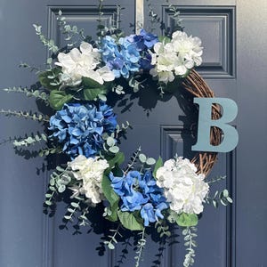 Personalized Hydrangea Wreath: Blue & White Eucalyptus, 18&quot; Grapevine