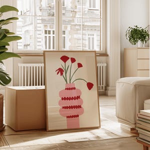 Póster minimalista de flores rosas con jarrón botánico, arte de pared con estampado floral escandinavo, decoración estética suave para sala de estar, decoración de habitación rosa.