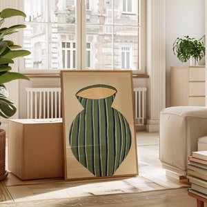 Jarrón bohemio verde, arte de pared, estampado botánico minimalista para sala de estar, decoración floral abstracta, estética verde oliva para un apartamento cálido y acogedor.
