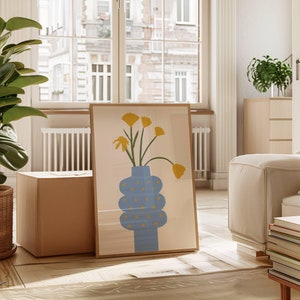 Póster de jarrón de flores en colores pastel, estampado botánico minimalista estético para sala de estar, decoración floral minimalista para el hogar, arte floral bohemio colorido
