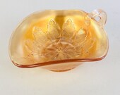 VINTAGE Fenton Marigold Carnival Glass Bon Bon Dish Nuts Candy Handle 6.5 x 5 quot Parlor Decor Gold Iridescent Shine