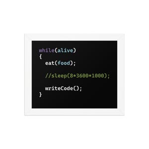 May include: A framed print of a code snippet on a black background. The code reads "while(alive) { eat(food); //sleep(8*3600*1000); writeCode(); }" in different colors.