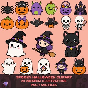 Può includere: Una collezione di venti graziose illustrazioni a tema Halloween che includono zucche, un ragno, un mostro viola, un mostro verde, un secchiello per dolci, una casa stregata, pipistrelli, scheletri, un fantasma con cappello e un gatto nero.