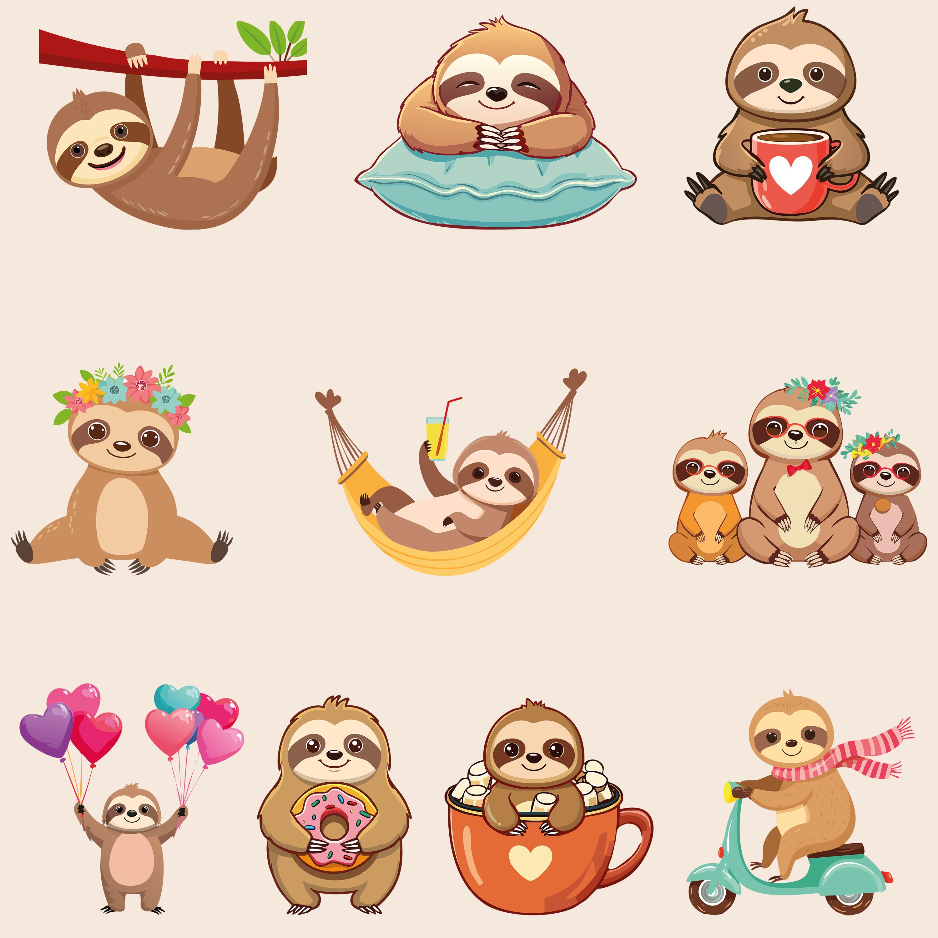 Cute Sloth SVG - PNG Bundle – 10 Kawaii Lazy Sloth Cliparts – Png, Pdf ...