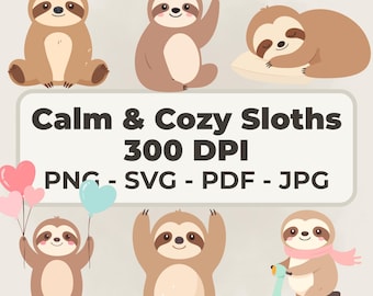 Luiaard illustratie set, gezellige clipart, neutraal kinderdagverblijf decor (svg, png, pdf, jpg)