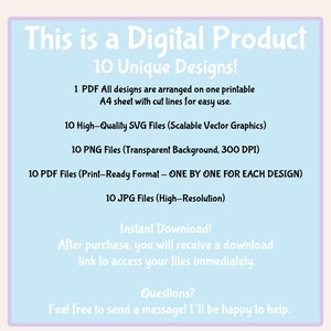 Op de afbeelding: Een digitale productlijst met 10 unieke ontwerpen. De lijst bevat 1 PDF-bestand met alle ontwerpen op &eacute;&eacute;n A4-vel, 10 hoogwaardige SVG-bestanden, 10 PNG-bestanden, 10 PDF-bestanden en 10 JPG-bestanden. De lijst bevat ook informatie over direct downloaden en klantenservice.