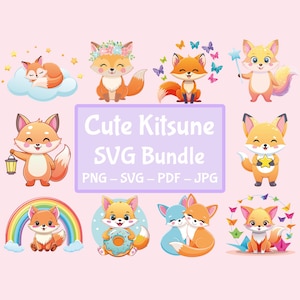 May include: A set of ten cute fox illustrations in various poses, including sleeping, holding a star, and eating a donut. The illustrations are in a cartoon style and feature bright colours. The text "Cute Kitsune SVG Bundle" is displayed in a purple banner.
