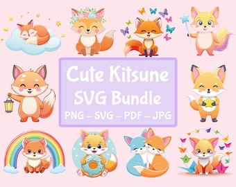 Schattige Kitsune Fox SVG-PNG-bundel | 10 vos-changers | 10 png, pdf, jpg, svg | Afdrukbaar A4-stickervel | Sublimatie | DIY ambachten | Vos png