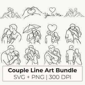 May include: A set of black and white line drawings showing couples in romantic scenarios. The illustrations include couples kissing, holding hands, and embracing, with the text "You & Me" and "Couple Line Art Bundle" in the image.