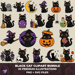 以下が含まれることがあります： ハロウィーンをテーマにした様々なポーズの黒猫のイラスト20点。カボチャ、魔女の帽子、ほうき、ドクロ、月などが描かれています。テキストには「BLACK CAT CLIPART BUNDLE 20 PREMIUM ILLUSTRATIONS PNG + SVG FILES」と記載されています。