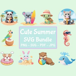 Cute Summer SVG - PNG Bundle – 10 Kawaii Beach Animal Cliparts – Png, Pdf, Jpg, Svg for Cricut, Sublimation, DIY Crafts – Instant Download