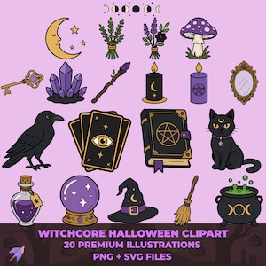 Puede incluir: Una colección de veinte ilustraciones digitales que incluyen una luna creciente, lavanda, un hongo morado, una llave dorada, cristales, una varita, velas, un espejo, un cuervo, cartas de tarot, un libro, un gato negro, una poción, una bola de cristal, un sombrero, una escoba y un caldero con el texto WITCHCORE HALLOWEEN CLIPART 20 PREMIUM ILLUSTRATIONS PNG + SVG FILES.
