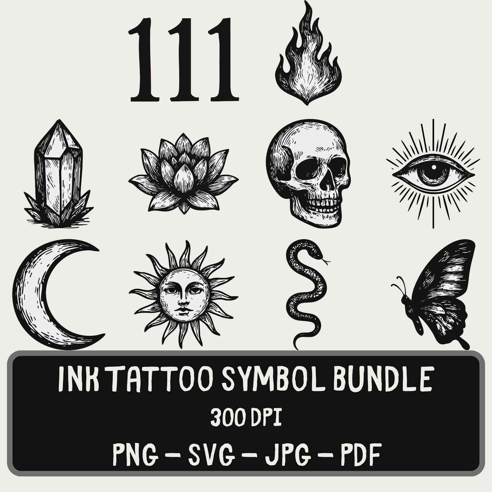 Ink Tattoo Symbol Bundle | Mystic Line Art Clipart Set PNG SVG Pack - Etsy