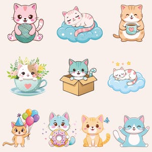 Op de afbeelding: Negen illustraties van schattige cartoon-katten in verschillende poses. De katten zijn roze, oranje, wit, bruin, blauw en groen. Ze houden garen, een kopje koffie, een donut vast en bevinden zich in een doos, op een wolk en in een theekopje.