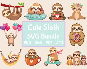 Schattige luiaard SVG - PNG-bundel – 10 kawaii luie luiaard Cliparts – png, pdf, jpg Cricut, sublimatie, doe-het-zelf-ambachten – direct downloaden, leuke sticker