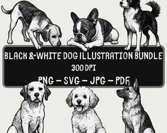 Paquete de imágenes prediseñadas de perros en blanco y negro / Conjunto de siluetas de perros en formato PNG y SVG