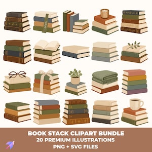 May include: A collection of twenty digital illustrations featuring stacks of books in various colors, including green, brown, blue, and cream. Some stacks include accessories like a candle, glasses, a plant, a folded blanket, or a coffee mug.