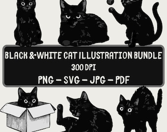 Black & White Cat Clipart Bundle | Line Art Silhouette PNG SVG Set