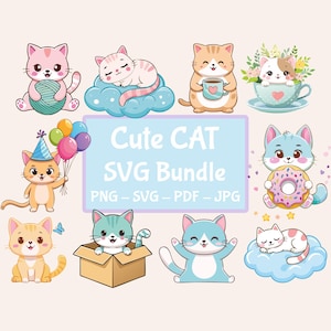 Op de afbeelding: Een set van 10 schattige katten SVG-bestanden om digitaal te downloaden. De afbeeldingen tonen verschillende schattige katten in verschillende poses en omgevingen, waaronder een kat met een verjaardagshoed, een kat met een donut en een kat die slaapt op een wolk. De tekst "Cute CAT SVG Bundle" wordt weergegeven op een roze banner.