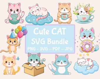 Paquete de 10 imágenes prediseñadas de gatos (SVG) - PNG / Hoja de pegatinas imprimibles A4 / 10 imágenes PNG, PDF, JPG y SVG / Sublimación / Manualidades / Gatos PNG y SVG