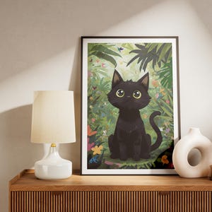Impression chat noir de la jungle, art chat mignon, affiche de chat botanique, art mural animal lunatique, téléchargement numérique de chat, cadeau chat drôle, décoration d'intérieur