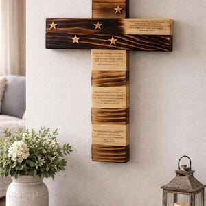 Handcrafted Scripture Cross | Wooden American Flag Cross with Bible Verses | Christian Wall Decor | Faith Home Decor