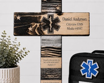 Personalized Wooden EMS Cross | Custom First Responder Wall Decor, Faith Gift