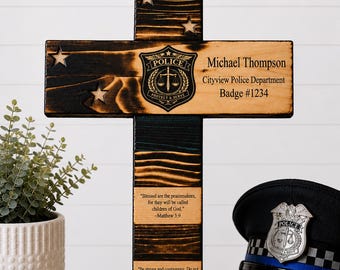 Personalized Wooden Police Cross, Custom Law Enforcement Decor, Christian Gift