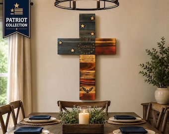 America 250th Anniversary Wooden Cross | Hand-Burned Flag, Eagle, Psalm 33:12 Wall Decor