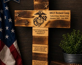 Personalized USMC Marine Corps Cross | Hand-Burned Wood, Engraved Tribute