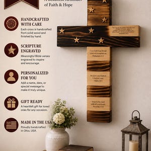 May include: A wall-mounted wooden cross featuring dark stained and natural wood blocks. The cross is adorned with small wooden stars and engraved with Bible verses including Jeremiah 29:11, Philippians 4:13, Psalm 23:1, and Proverbs 3:5-6.