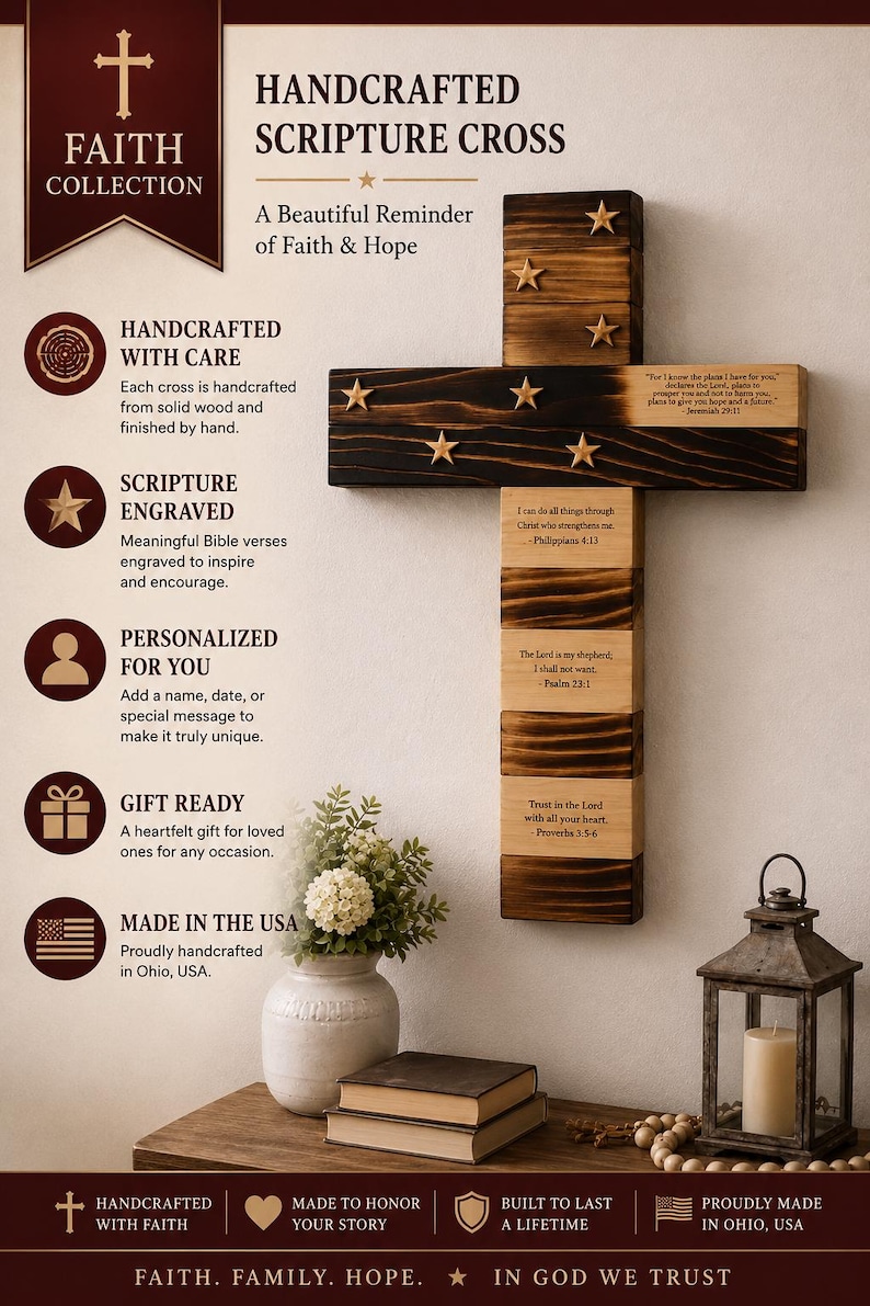 May include: A wall-mounted wooden cross featuring dark stained and natural wood blocks. The cross is adorned with small wooden stars and engraved with Bible verses including Jeremiah 29:11, Philippians 4:13, Psalm 23:1, and Proverbs 3:5-6.