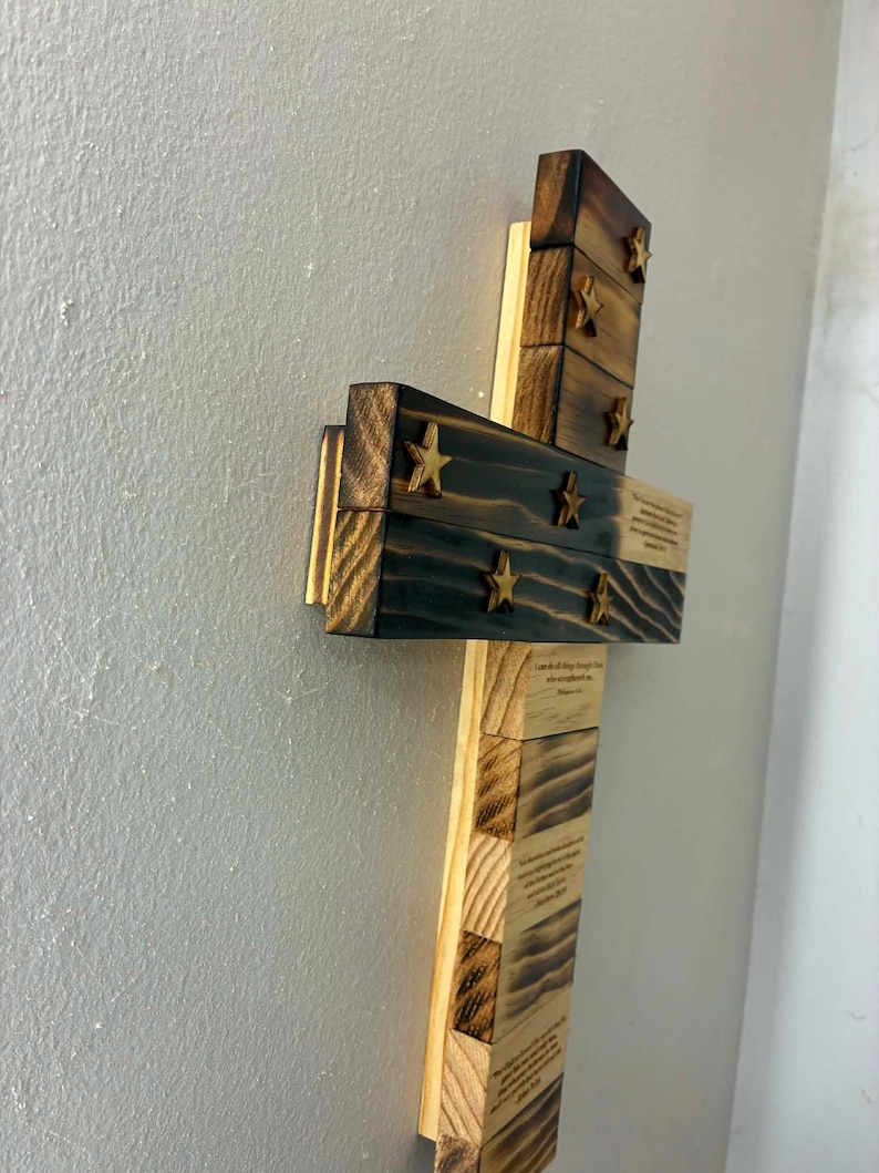 Handcrafted Scripture Cross | Wooden American Flag Cross with Bible Verses | Christian Wall Decor | Faith Home Decor image 7