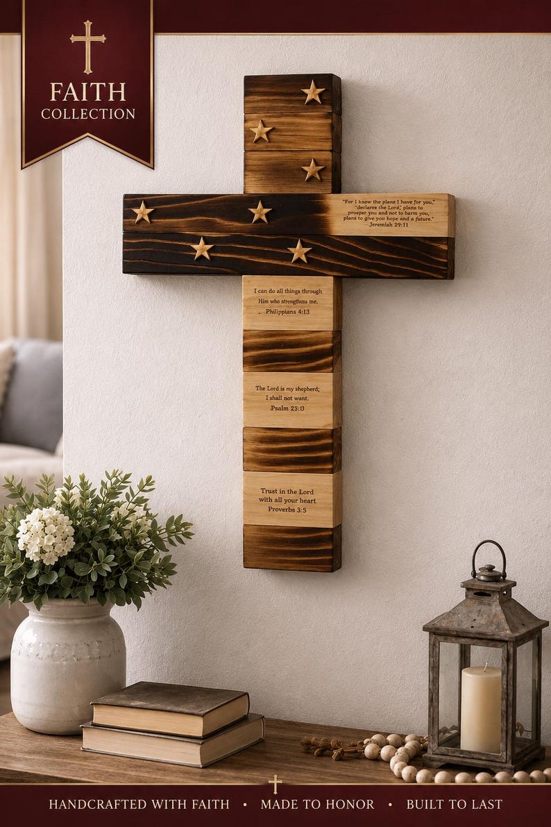 May include: A wall-mounted wooden cross featuring a dark charred finish on the upper sections and natural wood on the lower parts. It is decorated with small wooden stars and engraved with Bible verses including Jeremiah 29:11 and Psalm 23:1.