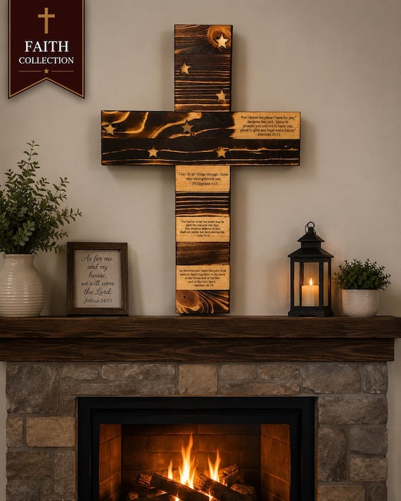 Handcrafted Scripture Cross | Wooden American Flag Cross with Bible Verses | Christian Wall Decor | Faith Home Decor
