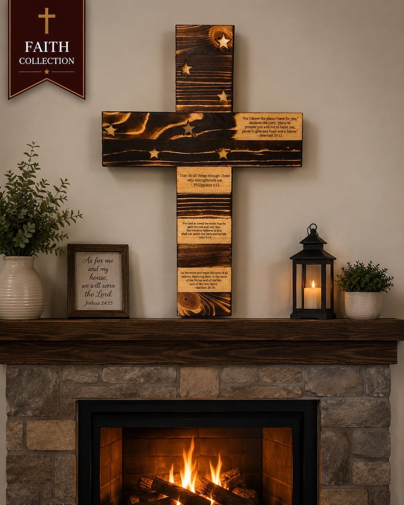Handcrafted Scripture Cross | Wooden American Flag Cross with Bible Verses | Christian Wall Decor | Faith Home Decor image 1