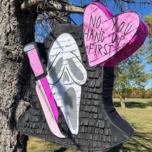 Horror Face Ghost Girlie Pop Cutesy Telephone Piñata | Creepy Cute Halloween Party Decor | Custom Spooky Pink Piñata