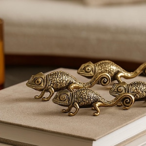 May include: Four brass chameleon figurines are arranged on top of two stacked books with beige covers. The chameleons have detailed scales and curled tails. A candle in a glass jar and a vase with dried plants are in the background.