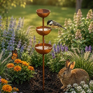 Peut inclure: Un bain d'oiseaux en métal à trois niveaux composé de trois bols superposés de couleur cuivre sur un mât central. Un petit oiseau noir et blanc est posé sur le bol central rempli d'eau. La structure est placée dans un jardin fleuri.